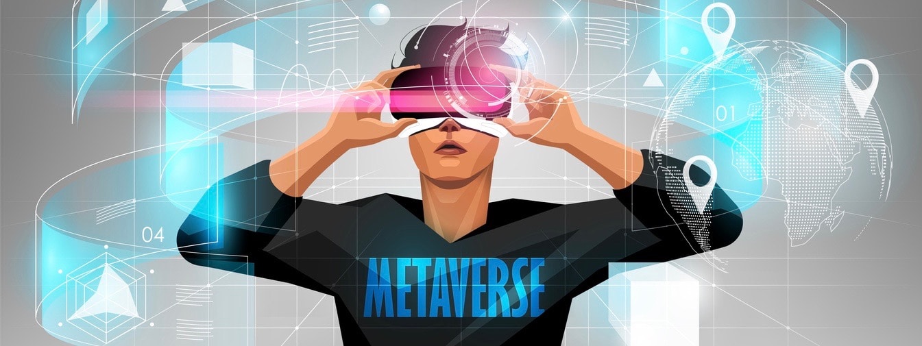 Metaverse digital cyber world technology, Man holding virtual reality glasses surrounded with futuristic interface.