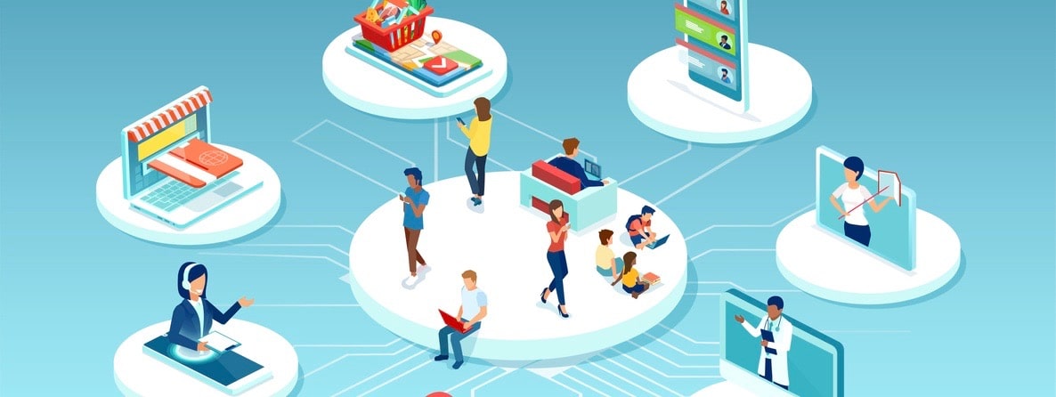 Vector of diverse people surrounded by many online services, education, health care, shopping, customer support