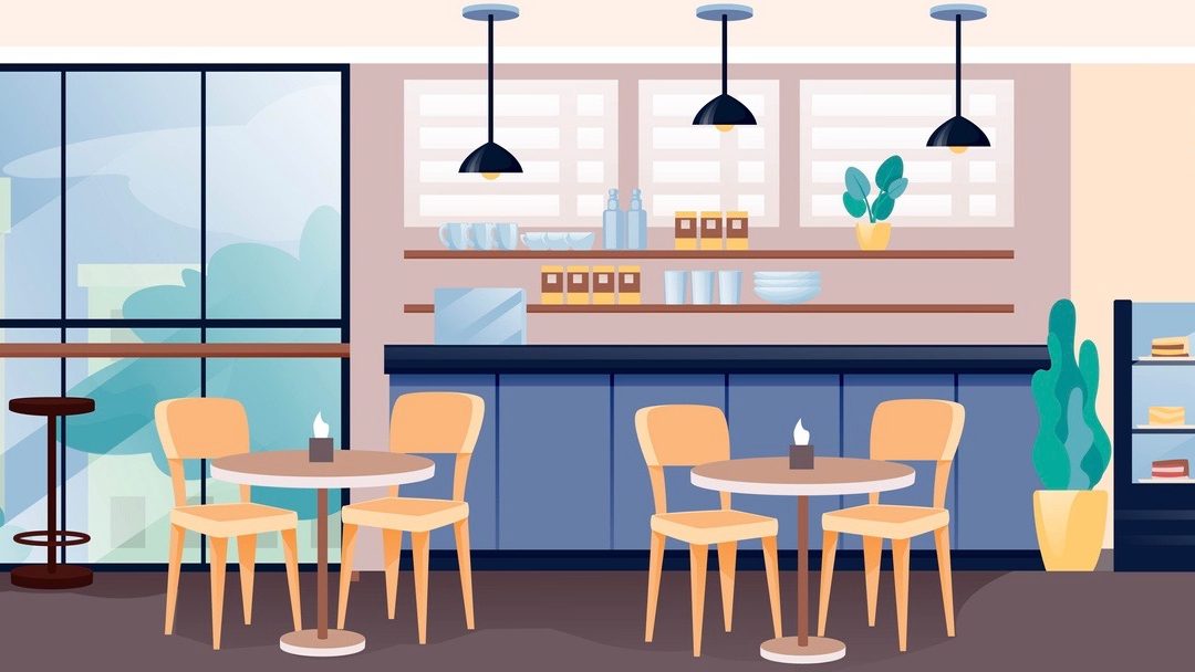 Counter, shelves with cups, display of sweet cakes, tables with chairs,