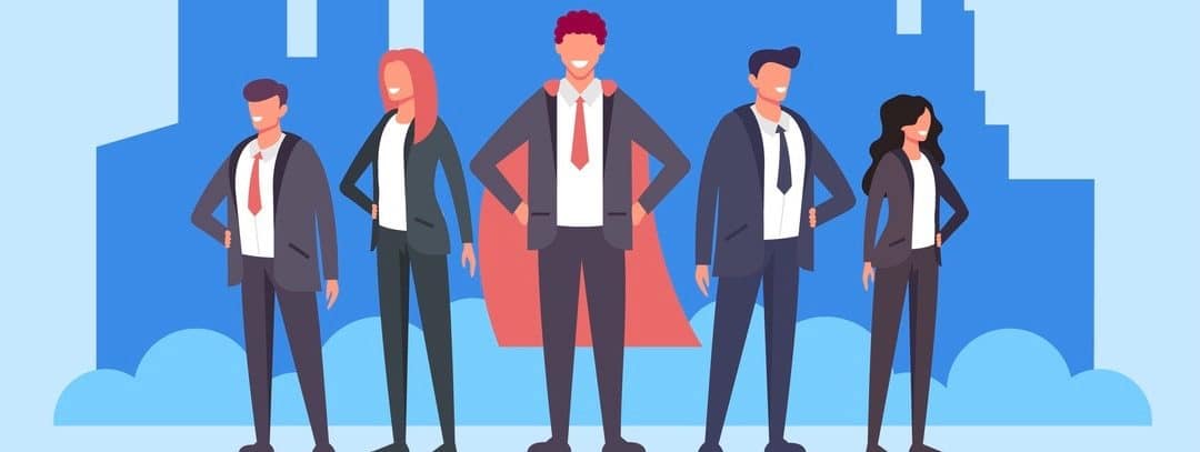 Businessman office worker man character superhero in red cape and his workers team.