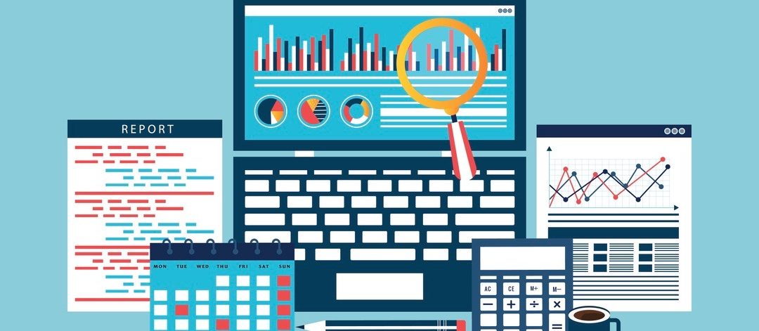 Auditing concepts. Auditor at table during examination of financial report. Tax process. Research, project management, planning, accounting, analysis, data