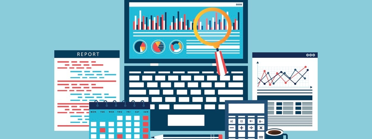 Auditing concepts. Auditor at table during examination of financial report. Tax process. Research, project management, planning, accounting, analysis, data