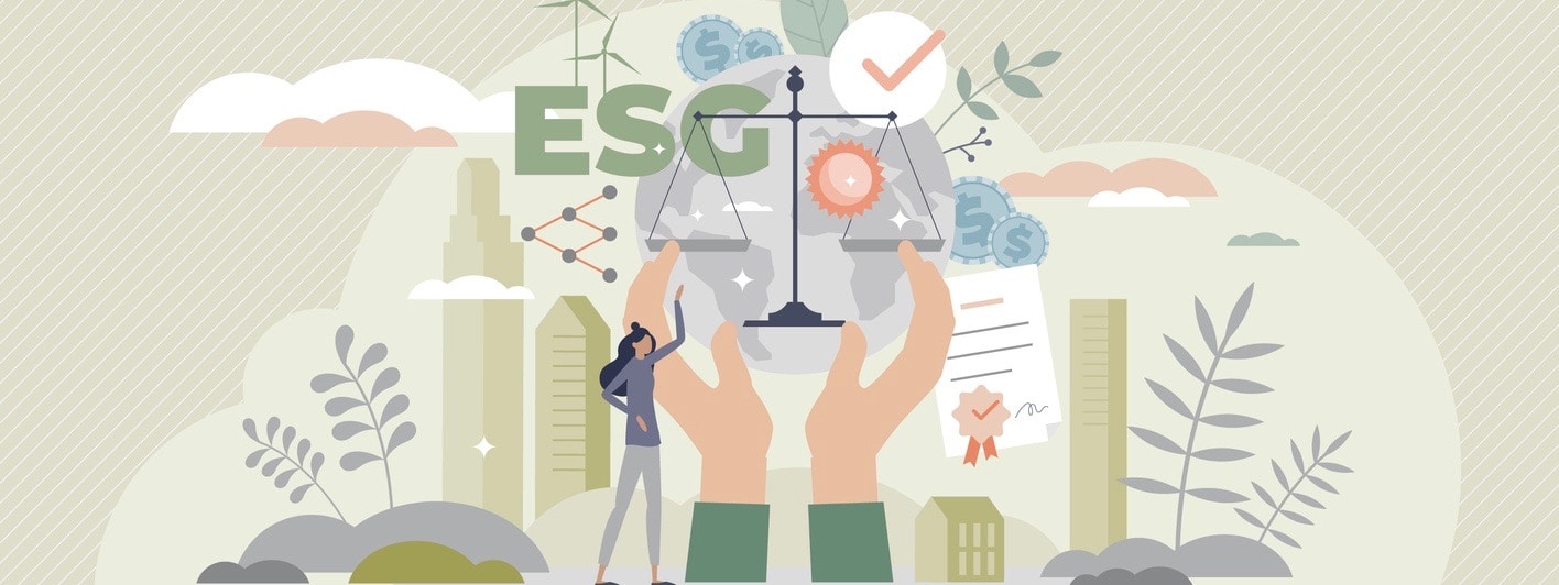 ESG as environmental social governance business model tiny person concept.