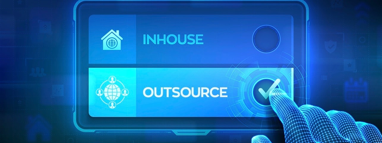 Outsource or inhouse choice concept. Making decision.