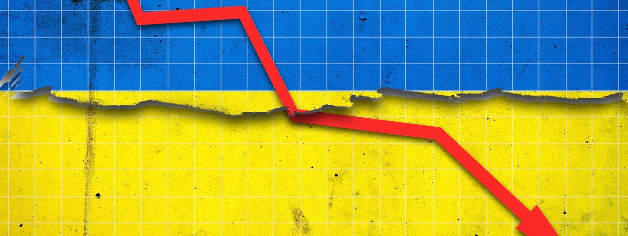 Fall of the Ukraine Economy. Recession graph with a red arrow on the Ukraine flag.
