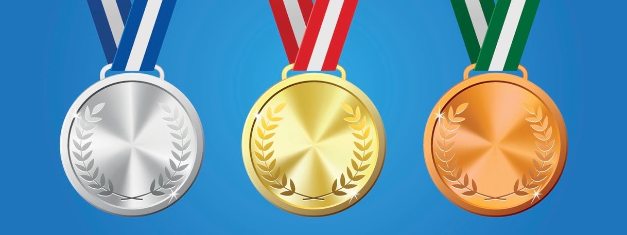 Gold, silver and bronze medals.