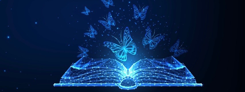 Futuristic story telling, literature reading concept with glowing low polygonal open book and flying butterflies isolated on dark blue background.