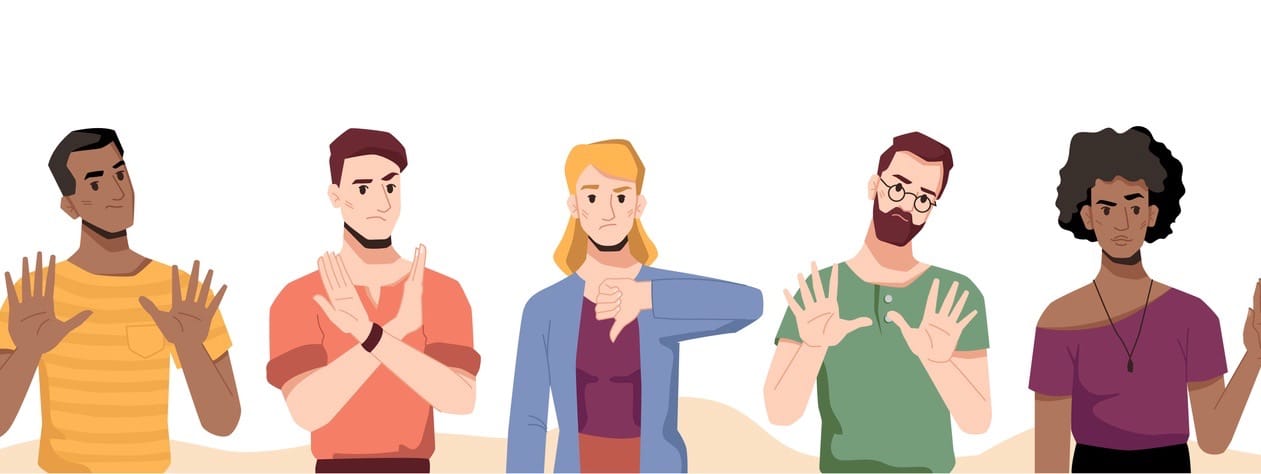 People showing refusal, denial or negative emotions with gestures. Men and women crossing hands, using stop sign and thumb down.