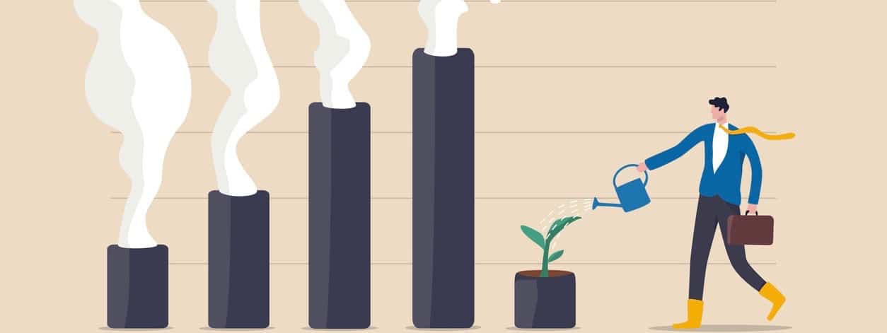 businessman leader watering seedling plant on bar graph with pollution smoke rising up.