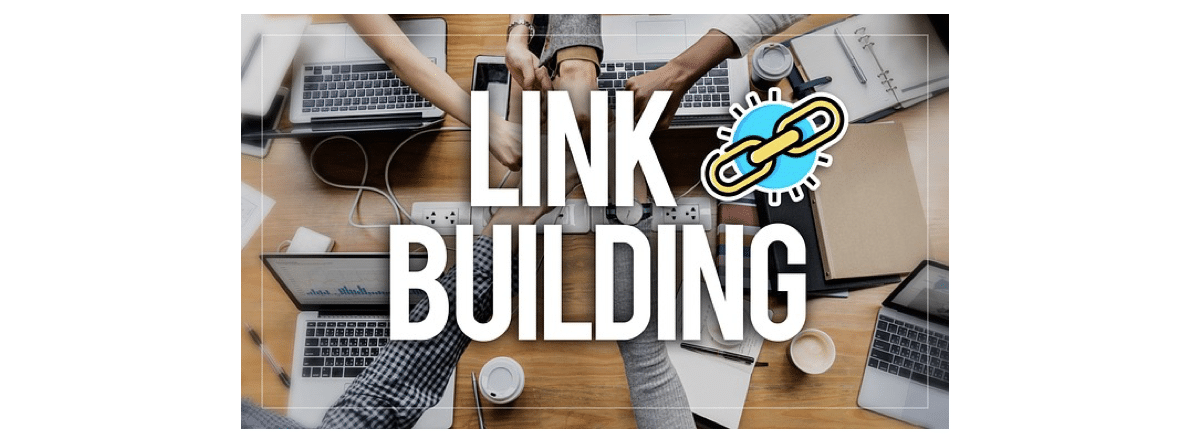A photo of people fist-bumping and the words 'link building' on top of the image