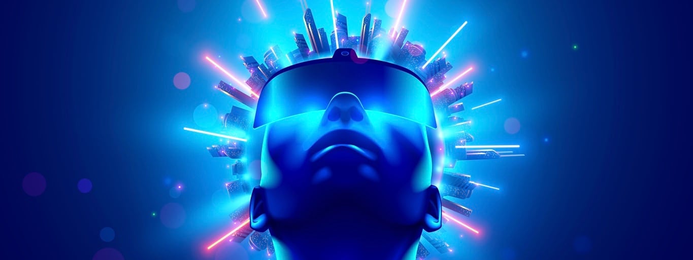 Man wearing 3d VR headset glasses looks up in cyberspace of metaverse.