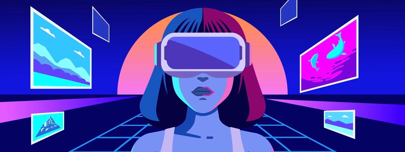 Metaverse Digital Virtual Reality Technology of a woman with glasses and a headset VR connected to the virtual space