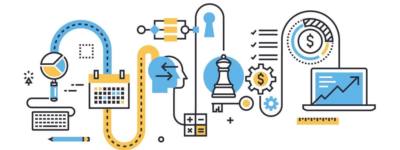 Flat line illustration of business process, market research, analysis, planning, business management, strategy, finance and investment, business success.