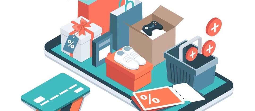 Online shopping app: gifts, shopping items, credit cards and discount coupons on a smartphone