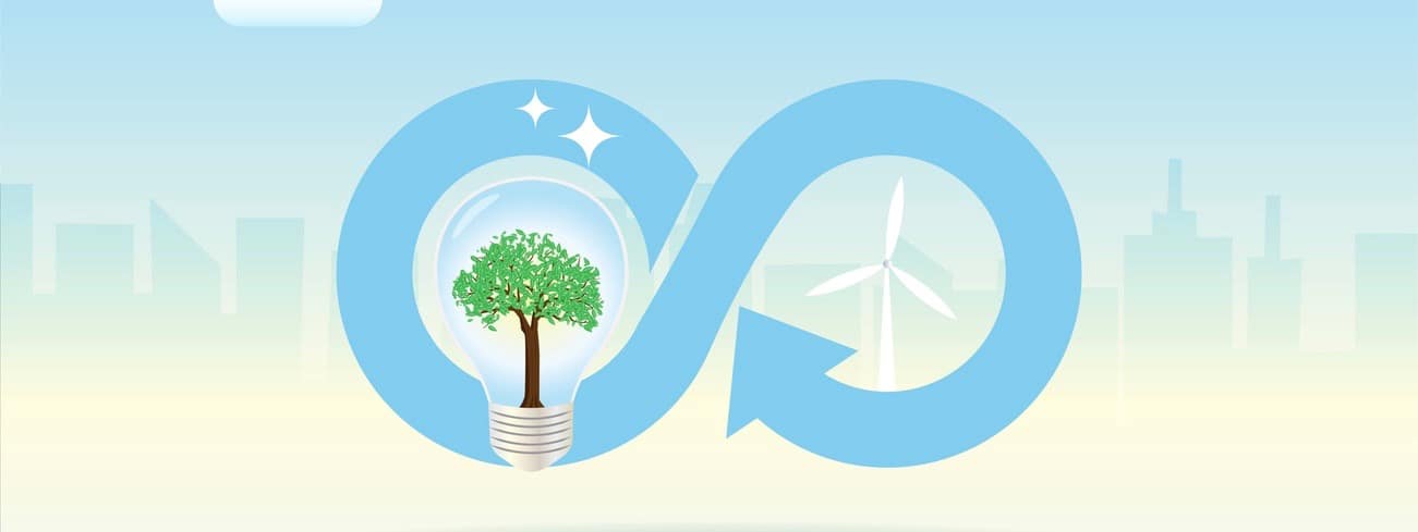 Circular economy icon with lightbulb, wind turbines in city building background.