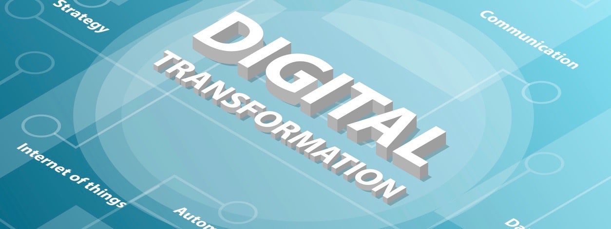 digital transformation isometric 3d word text concept with some related text and dot connected