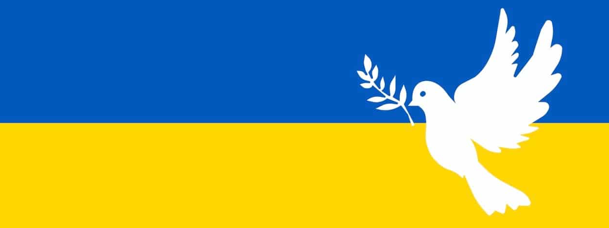 The flag of Ukraine with the symbol of the dove of peace.