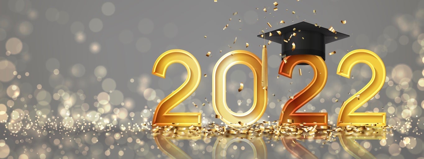 Banner for design of graduation 2022. Golden numbers with graduation cap and confetti.