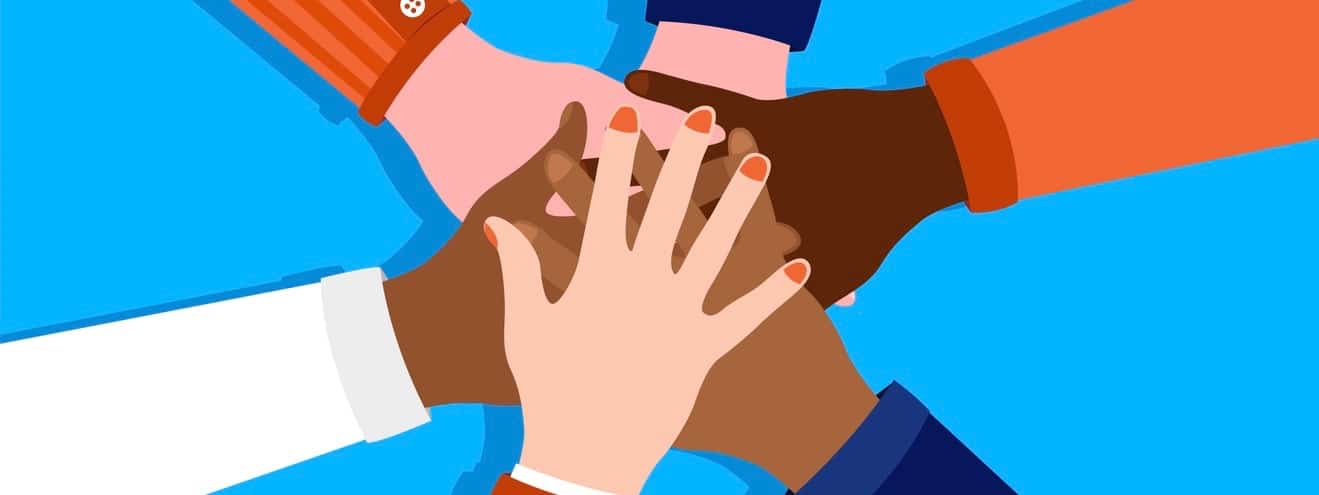 Hands of different colour in teamwork vector illustration.