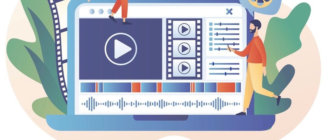 Tiny people footage editing and making multimedia content production in laptop app.