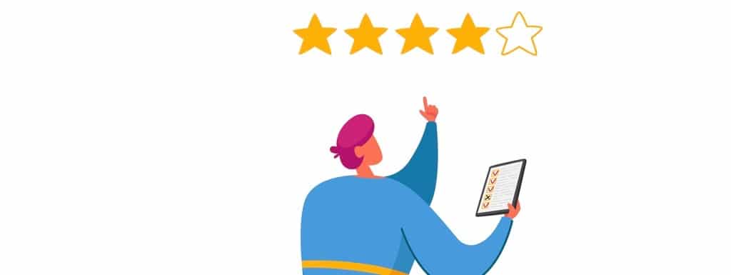 Male Character with Smartphone in Hands Put Gold Rating Stars in App.