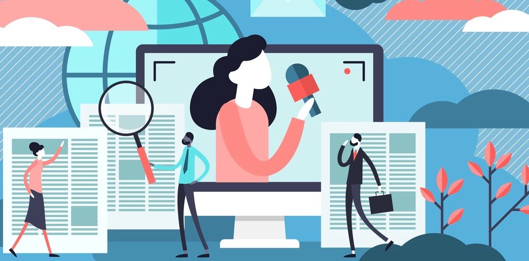Flat tiny TV, reporter and newsletter read persons concept.