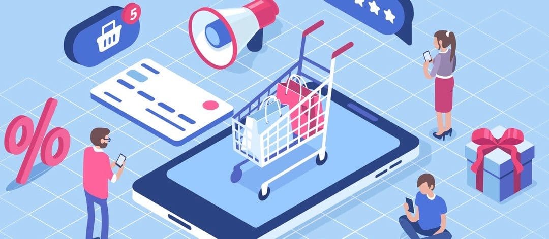 Online shopping concept with characters.