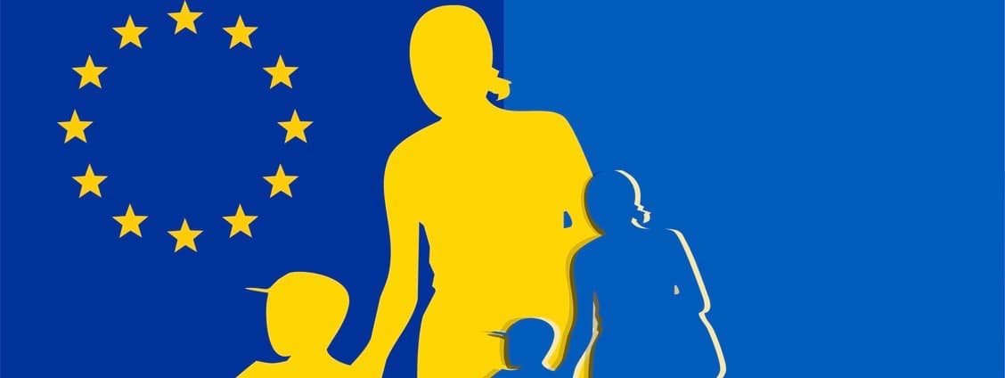 Cut out Silhouette of a mother with child, refugees fleeing the war. Flag of european union and ukrainian flag. Refugees welcome concept.
