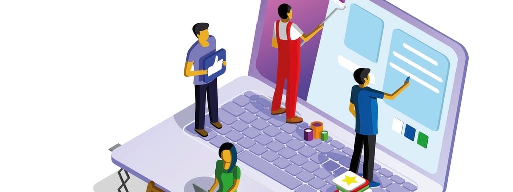 Isometric illustration with a laptop, men and women working on web design.