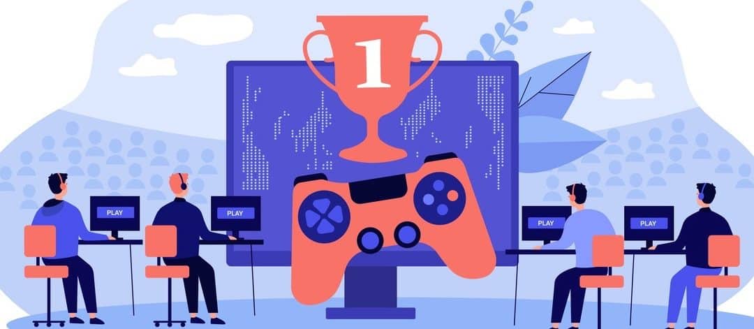 People competing in esport tournament for winners cup.