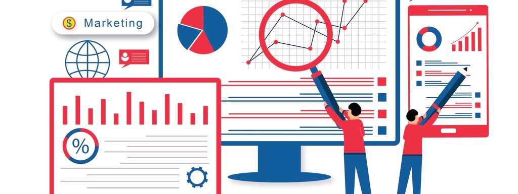 Teamwork of business analysts on holographic charts and diagrams of sales management statistics and operational reports, key performance indicators.