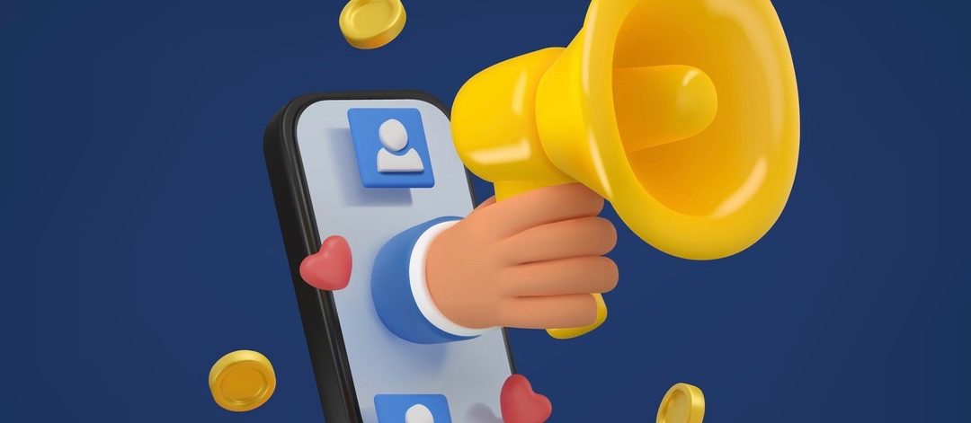Cartoon hand holding megaphone illustration on dark background.
