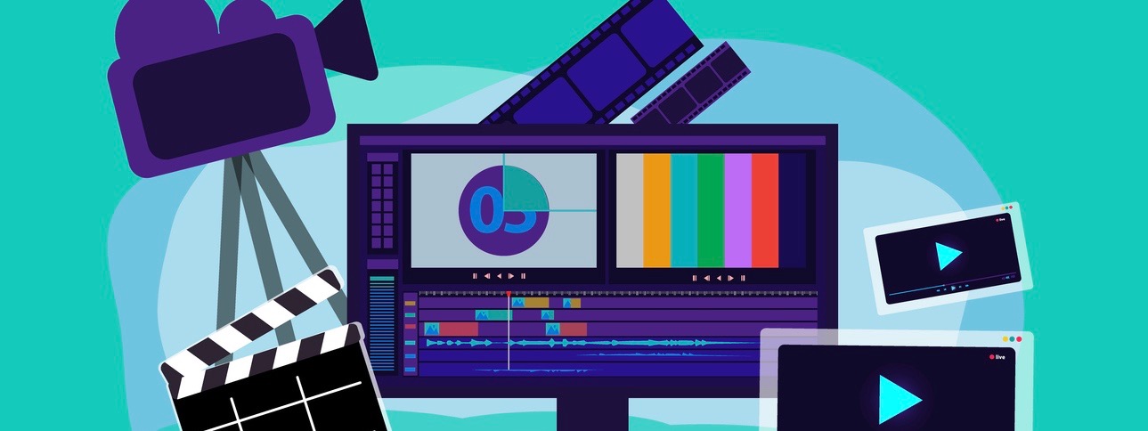 video production vector illustration, film editing monitor, clap board, film strip, camera, video player interface