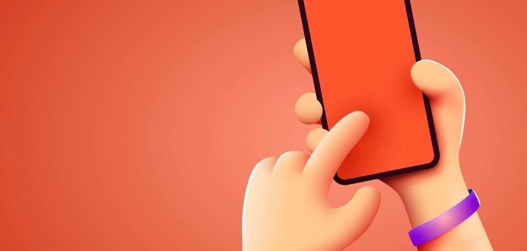 Holding phone in two hands. Phone mockup. Editable smartphone template. Touching screen with finger.