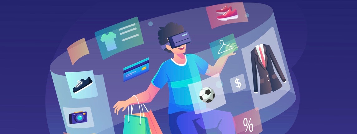 A young man wearing a VR headset is doing a shopping experience in the metaverse.