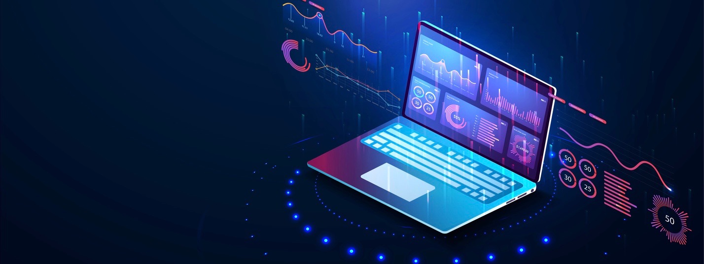 Application of laptop with business graph and analytics data on isometric laptop .