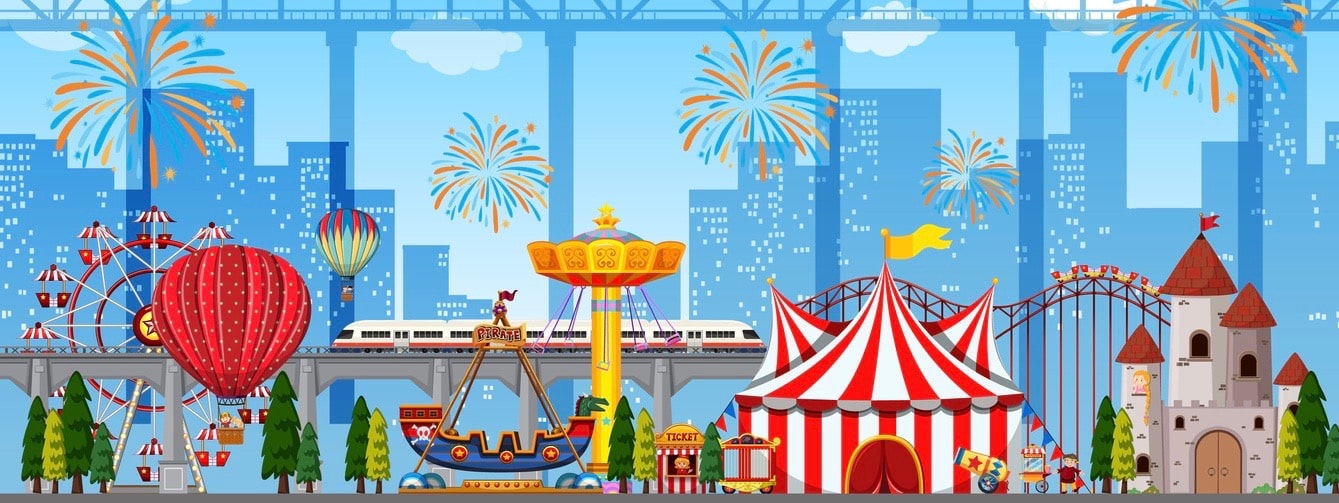 Amusement park scene at daytime with fireworks in the sky illustration