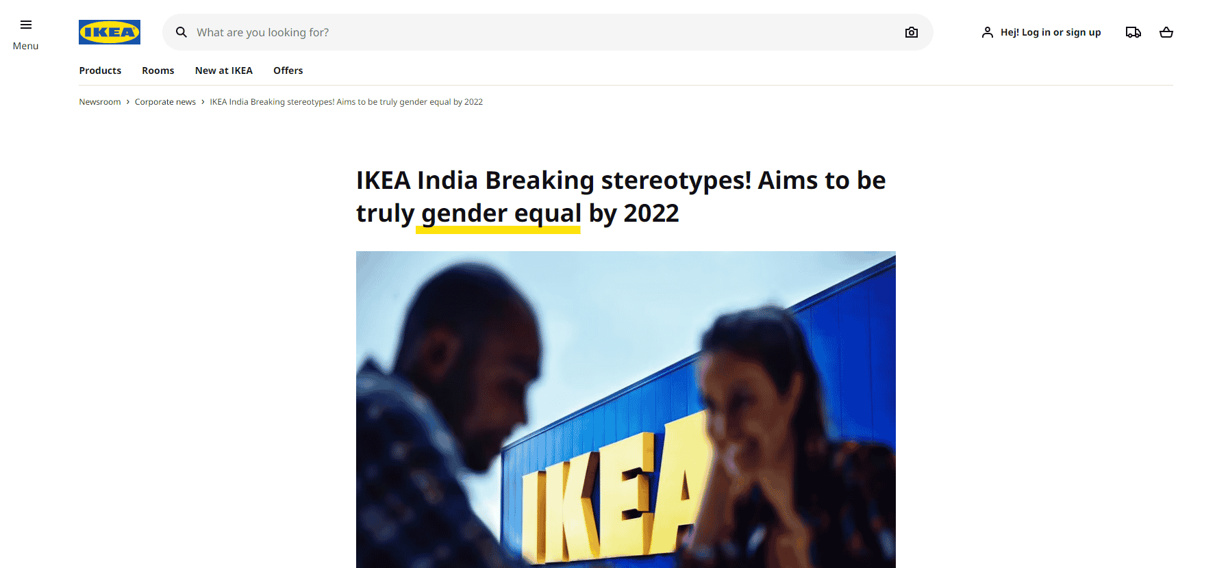 Ikea press release screenshot with gender equal highlighted in yellow