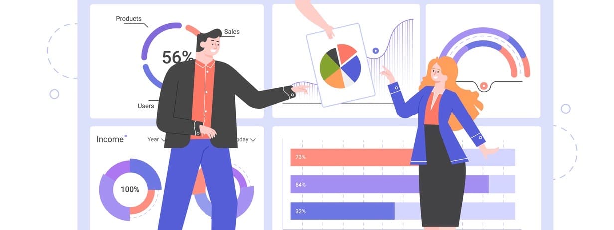 Team of colleagues next to an information dashboard. Financial data, analytics, economic analysis.