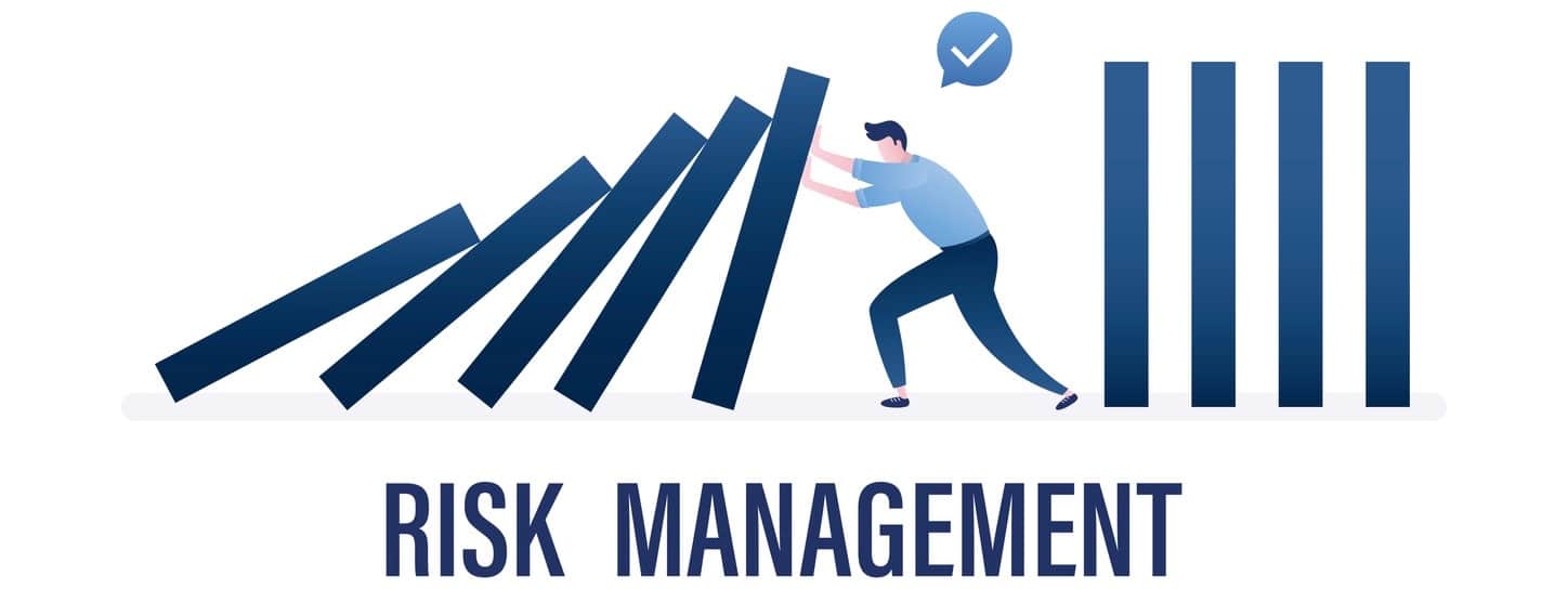 Risk management, horizontal business banner. Business protection, crisis management. Businessman help and support company avoiding dominoes effect in economic crisis.
