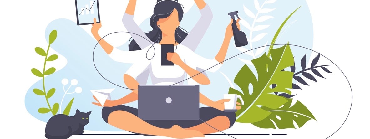 Freelancer girl with many hands sits in Yoga lotus position and doing several actions at the same time. Multitasking. Vector illustration concept of business woman practicing meditation. Cat