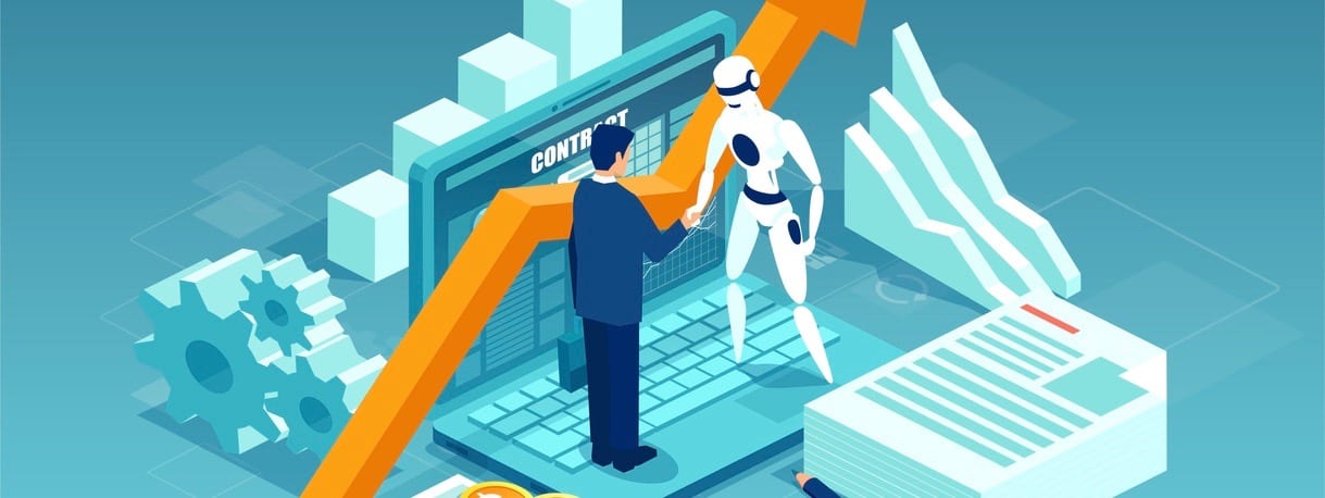Vector of a businessman and a robot shaking hands standing on computer.