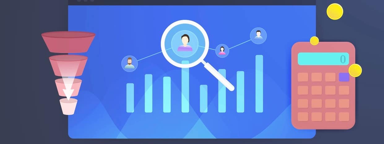 Digital Marketing cost vector illustration with graph, sales funnel and calculator