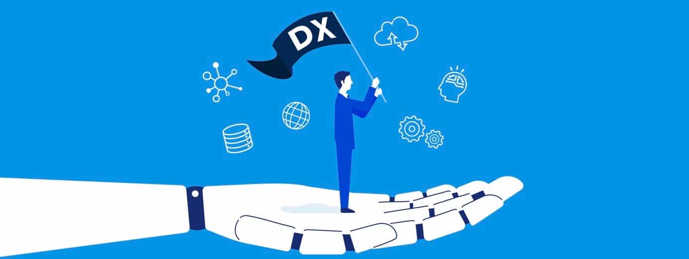 Businessman holding flag writtern “DX”,standing on robot hand,blue background,vector illustration Businessman holding flag writtern "DX",standing on robot hand,blue background,vector illustration