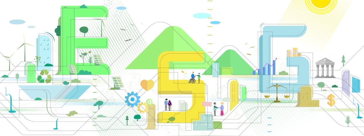 Staggered lines Quality City 4 with Text ESG and some elements of environmental social governance