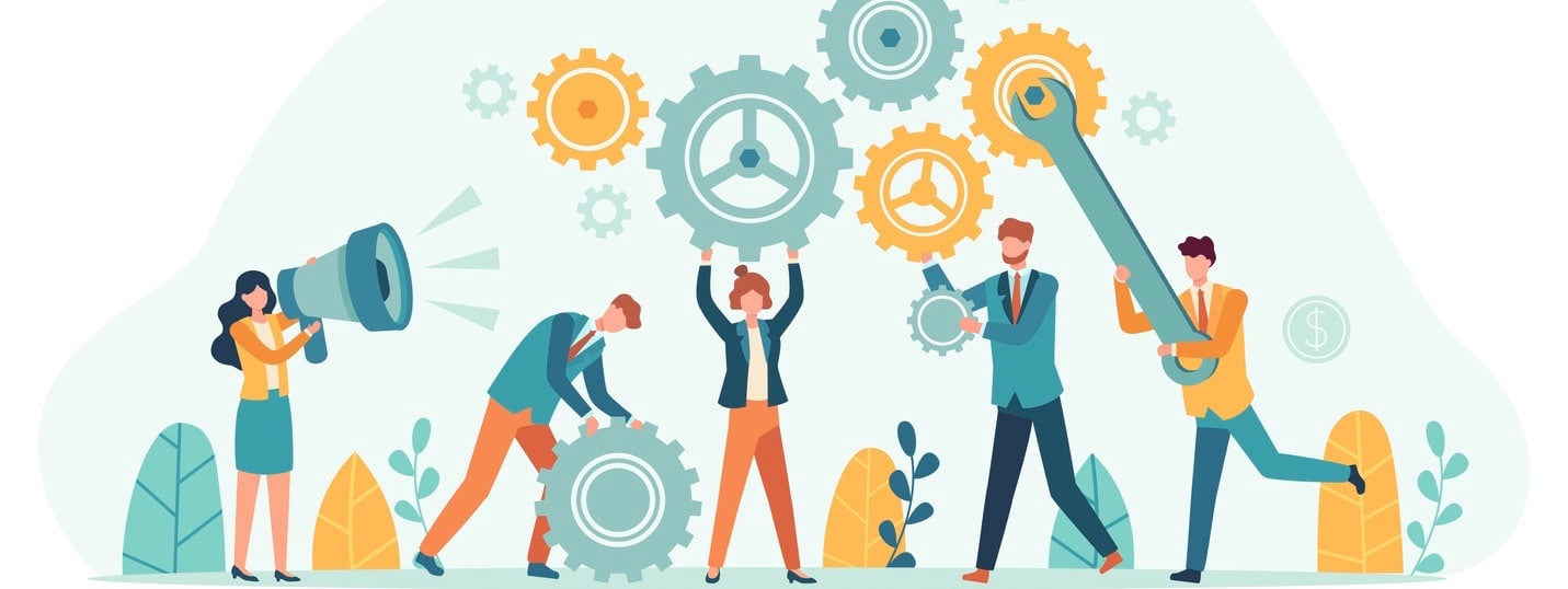 Business people with gears. Employee team create mechanism with cogs, manager with megaphone.