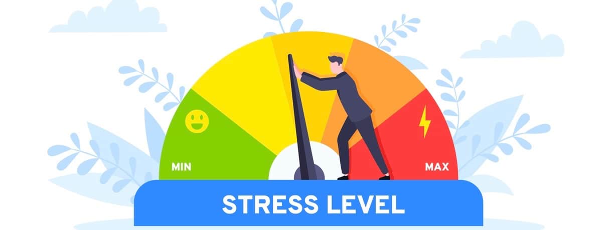 Stress level meter gauge emotion stages. Person pushes arrow from maximum to minimum.