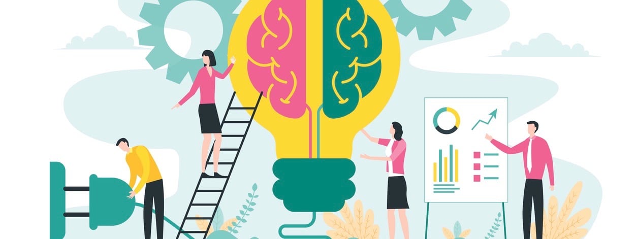 Brainstorming creative idea, business meeting and teamwork concept with big light bulb and brain illustration
