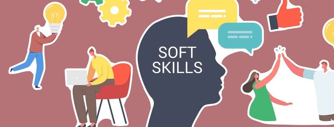Set of Stickers Soft Skills in Business. Characters Communication, Human Head, Office Workers Empathy, Idea Development or Education at Work.