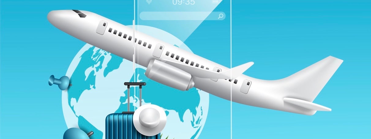The white cap on the suitcase and the back is a clear glass smartphone and planes are flying in midair